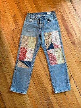 Levi’s Light Wash Patchwork Straight Jeans - Multicolor Floral Patches